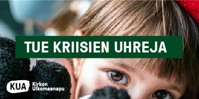 Kirkon Ulkomaanapu: Tue kriisien uhreja -teksti ja lähikuvassa lapsen kasvot.