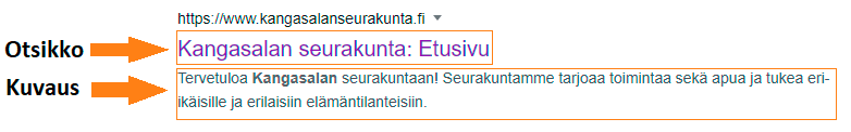 Kuvakaappaus Kangasalan seurakunnan etusivusta Googlen hakutulossivulla.