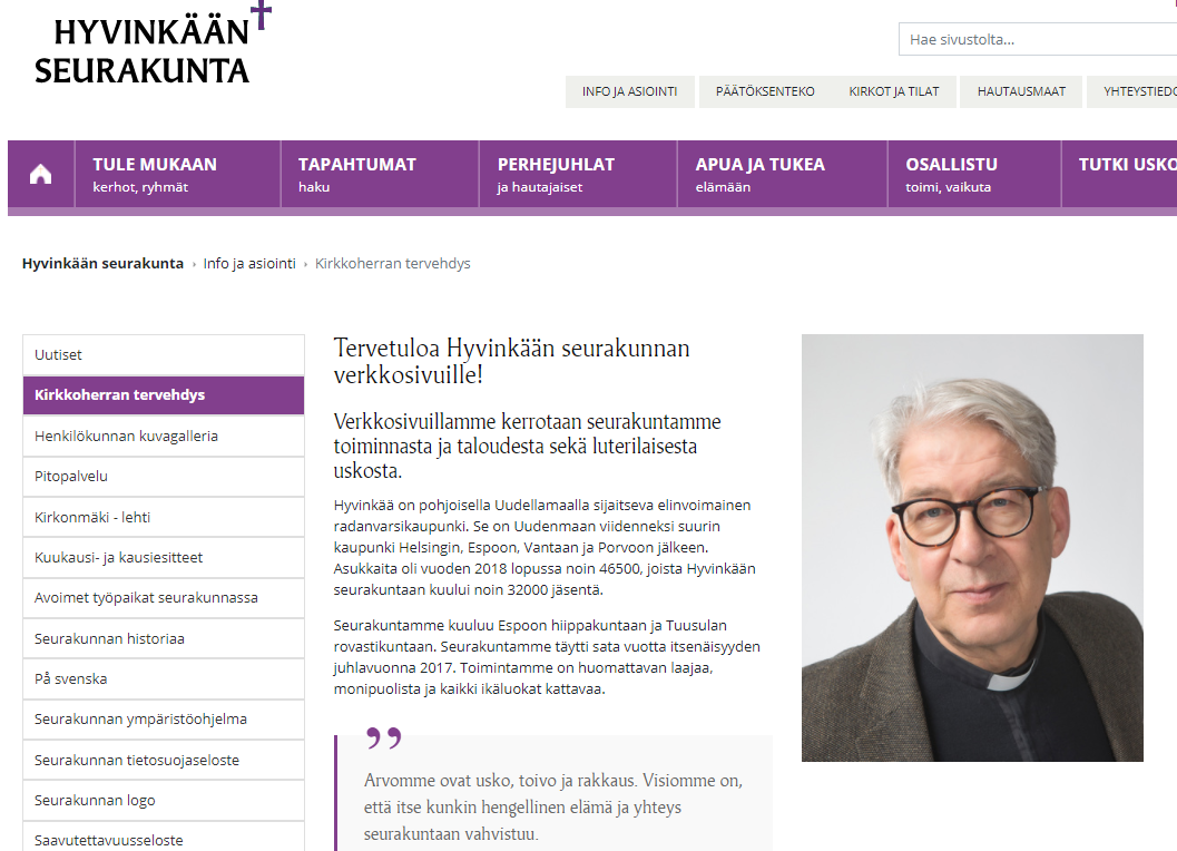 Kuvakaappaus Hyvinkään seurakunnan info ja asiointi sivulta.